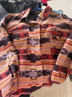 Aztec-Pattern Button-Up Jean Jacket in Red Multi